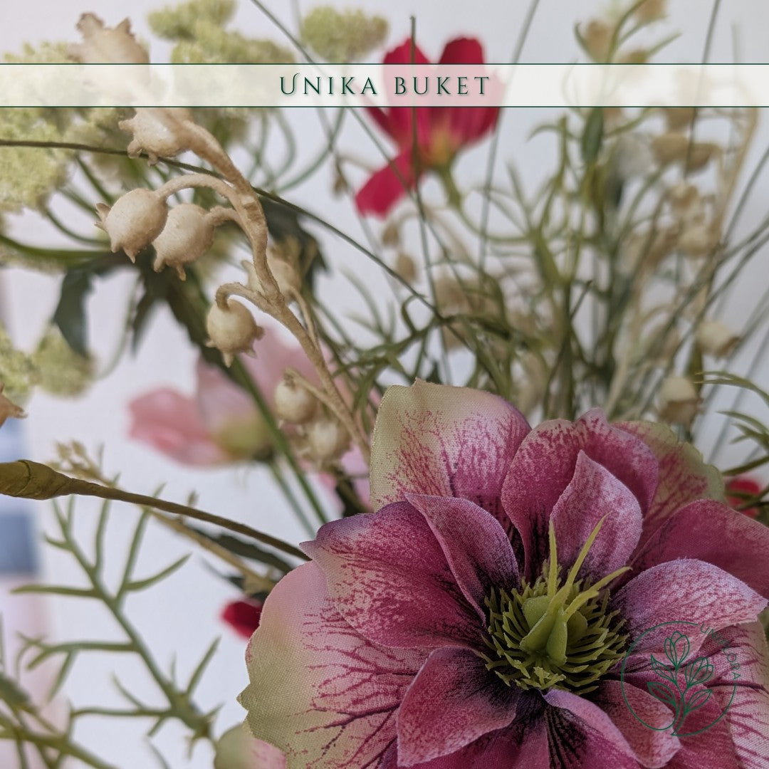 Evighedsbuket Unika 26.10: Naturlig Energi med nuancer af lys-brun, hvid, mellembrun, pink-1, mork-rod, pink, groen, jadegron - Uniflora