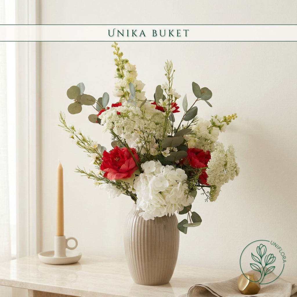 Evighedsbuket Unika 26.12: Majestætisk Flor med nuancer af rod, bordeaux, groen, jadegron, hvid - Uniflora