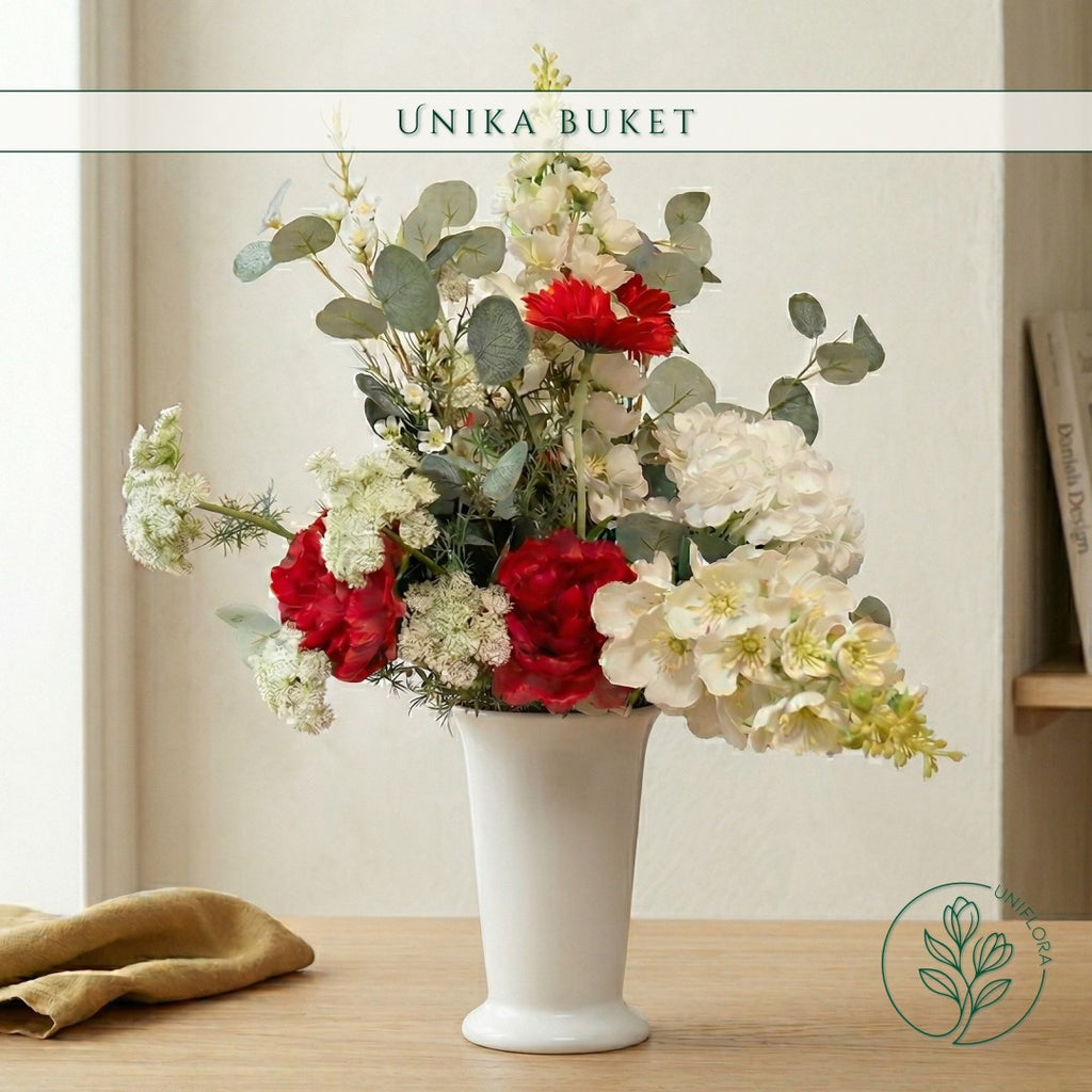 Evighedsbuket Unika 26.12: Majestætisk Flor med nuancer af rod, bordeaux, groen, jadegron, hvid - Uniflora