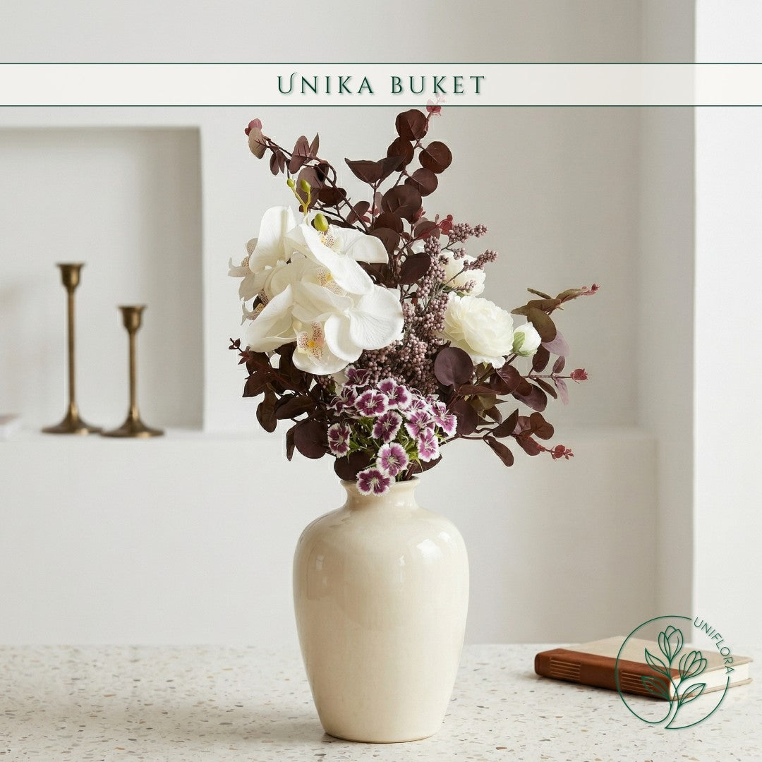 Evighedsbuket Unika 26.13: Fløjlsblød Ro med nuancer af bordeaux, hvid, violet, jadegron - Uniflora