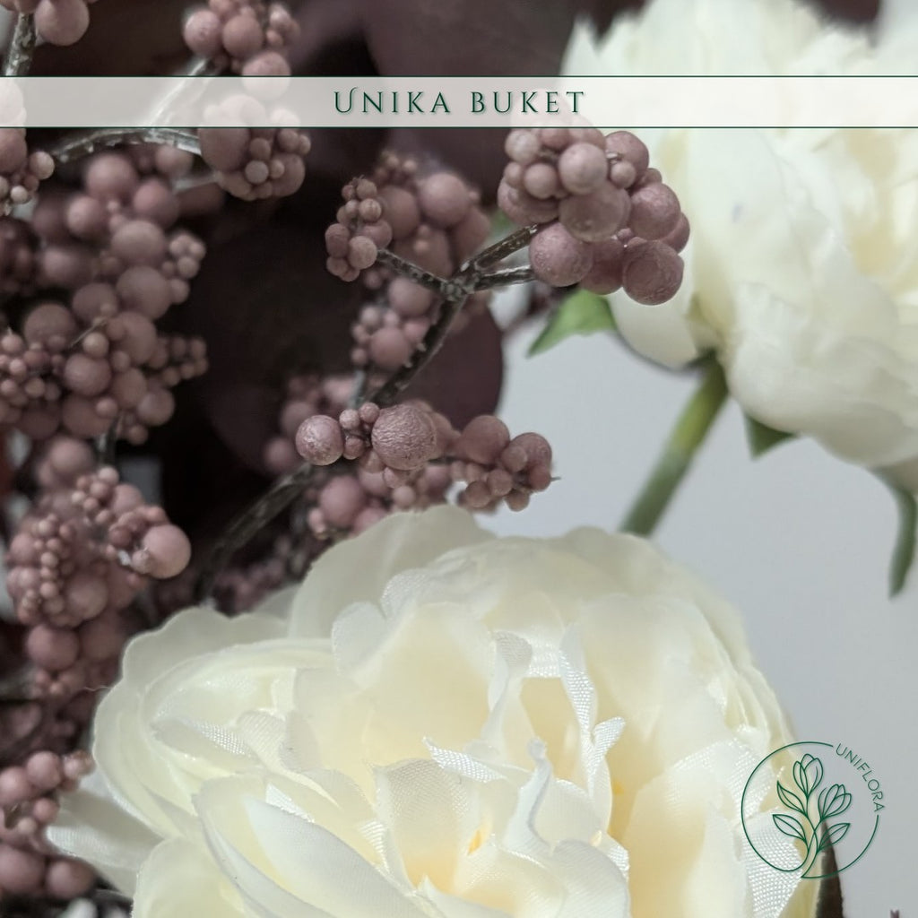 Evighedsbuket Unika 26.13: Fløjlsblød Ro med nuancer af bordeaux, hvid, violet, jadegron - Uniflora