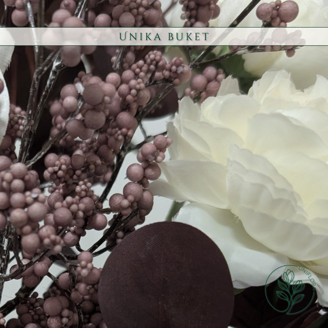 Evighedsbuket Unika 26.13: Fløjlsblød Ro med nuancer af bordeaux, hvid, violet, jadegron - Uniflora