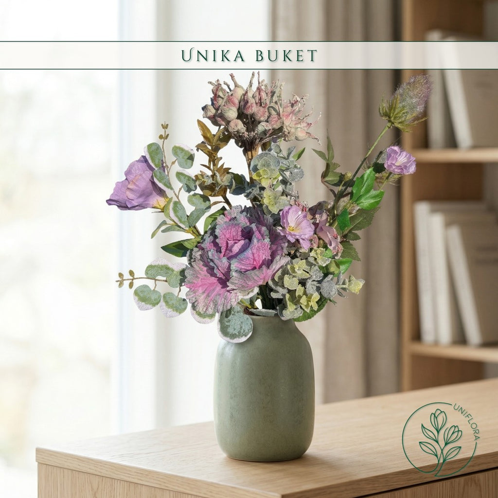 Evighedsbuket Unika 26.15: Rustik Idyl med nuancer af groen, mellembrun, lilla-1, lysebla, violet - Uniflora