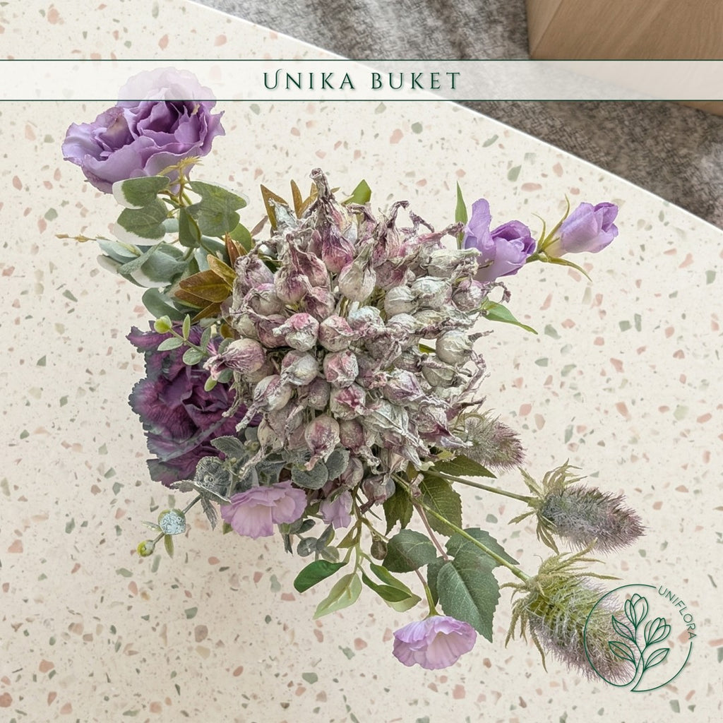 Evighedsbuket Unika 26.15: Rustik Idyl med nuancer af groen, mellembrun, lilla-1, lysebla, violet - Uniflora