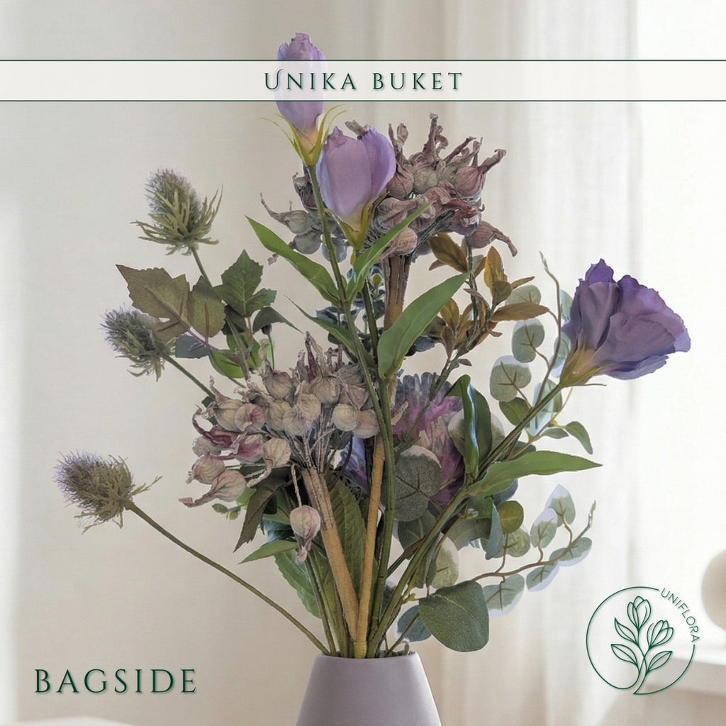 Evighedsbuket Unika 26.15: Rustik Idyl med nuancer af groen, mellembrun, lilla-1, lysebla, violet - Uniflora