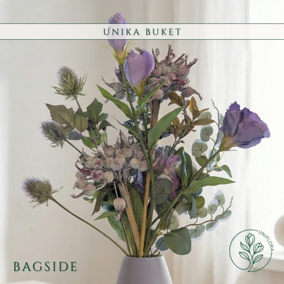 Evighedsbuket Unika 26.15: Rustik Idyl med nuancer af groen, mellembrun, lilla-1, lysebla, violet - Uniflora