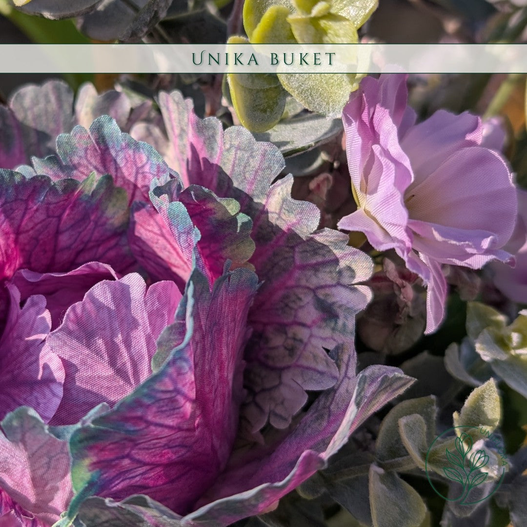 Evighedsbuket Unika 26.15: Rustik Idyl med nuancer af groen, mellembrun, lilla-1, lysebla, violet - Uniflora