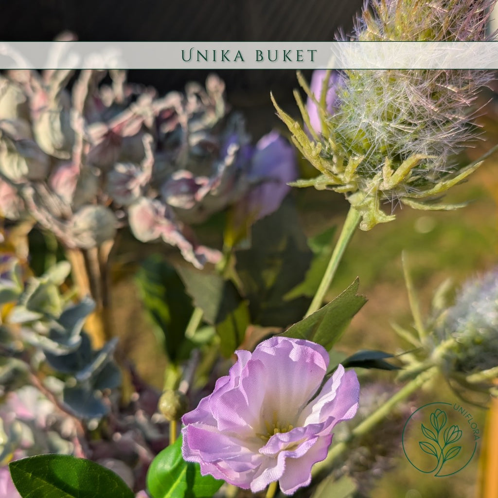 Evighedsbuket Unika 26.15: Rustik Idyl med nuancer af groen, mellembrun, lilla-1, lysebla, violet - Uniflora