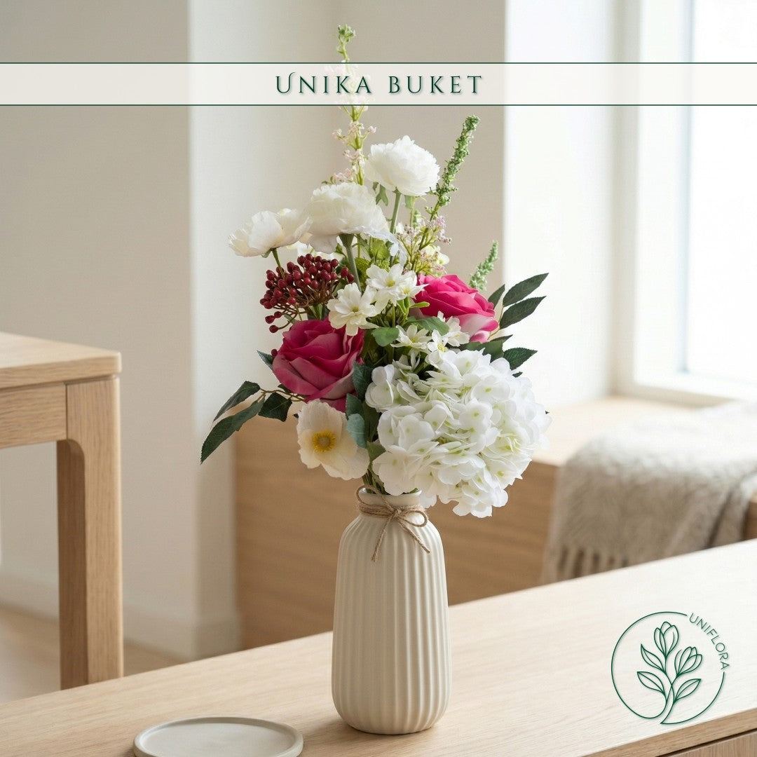 Evighedsbuket Unika 26.17: Sprudlende Harmoni med nuancer af pink, hvid, jadegron, groen, pink-1, mork-rod - Uniflora