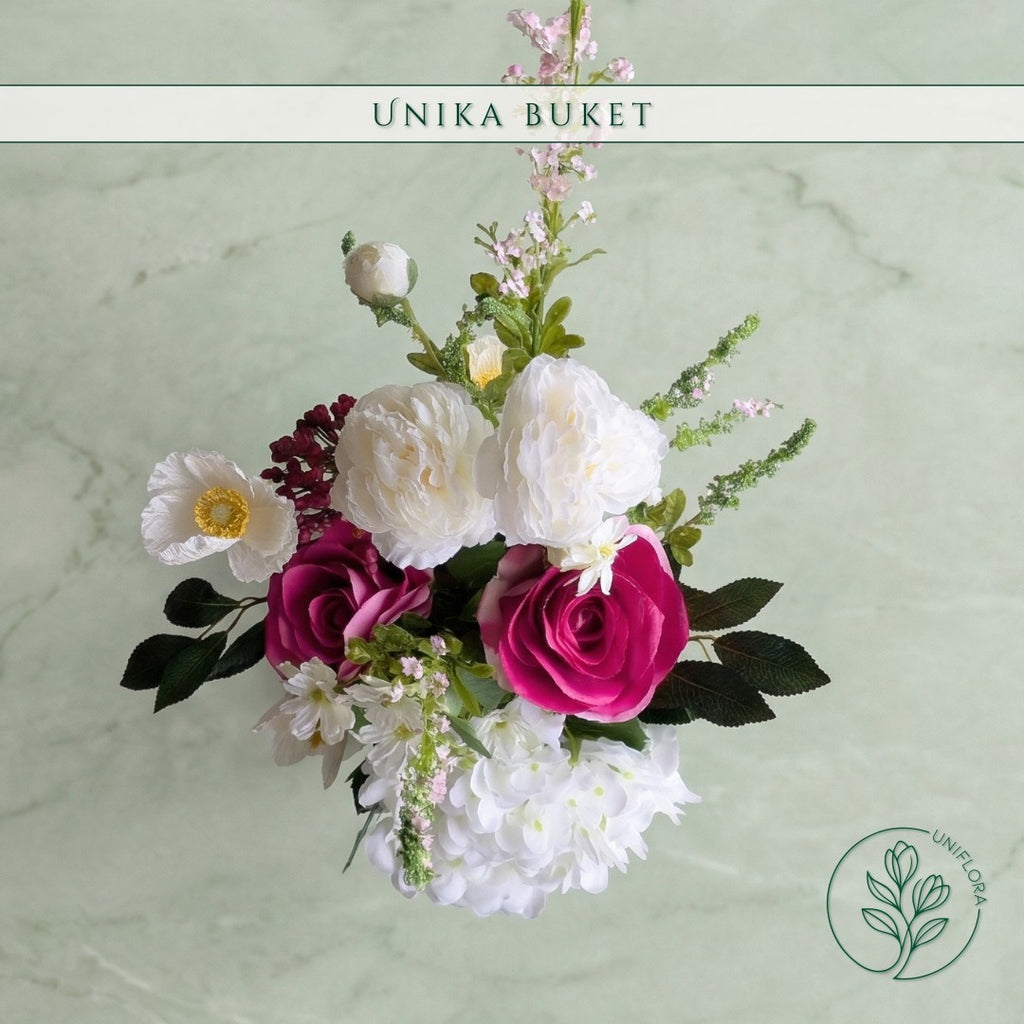 Evighedsbuket Unika 26.17: Sprudlende Harmoni med nuancer af pink, hvid, jadegron, groen, pink-1, mork-rod - Uniflora