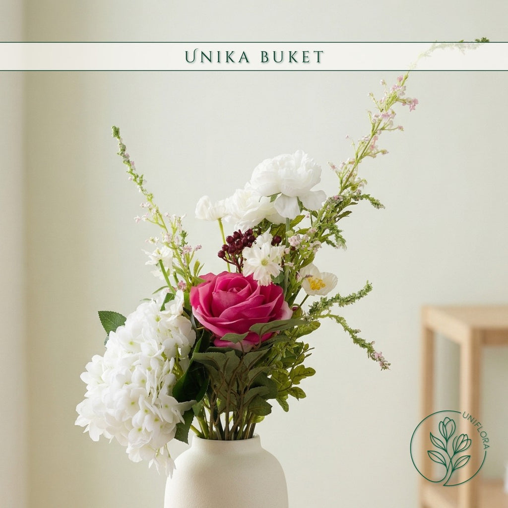 Evighedsbuket Unika 26.17: Sprudlende Harmoni med nuancer af pink, hvid, jadegron, groen, pink-1, mork-rod - Uniflora