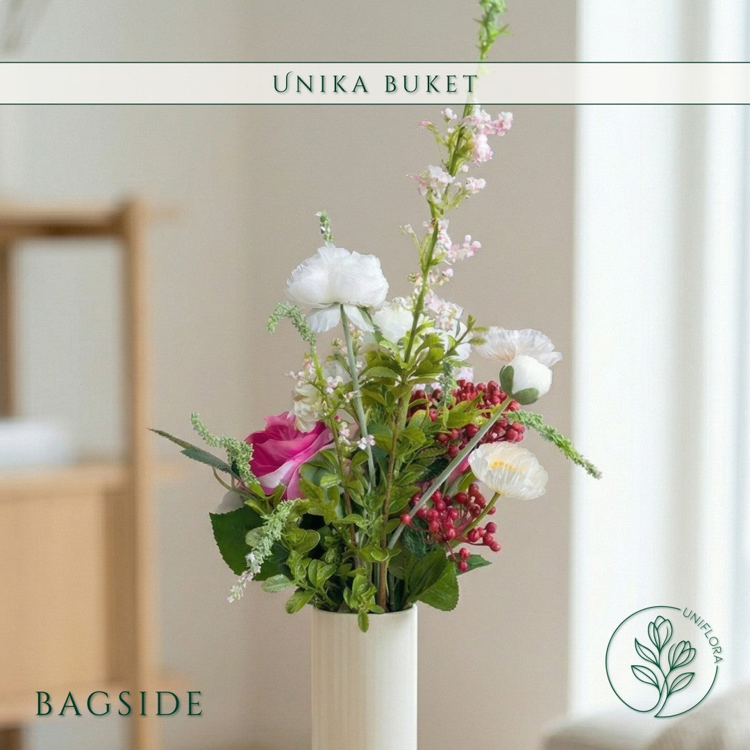 Evighedsbuket Unika 26.17: Sprudlende Harmoni med nuancer af pink, hvid, jadegron, groen, pink-1, mork-rod - Uniflora