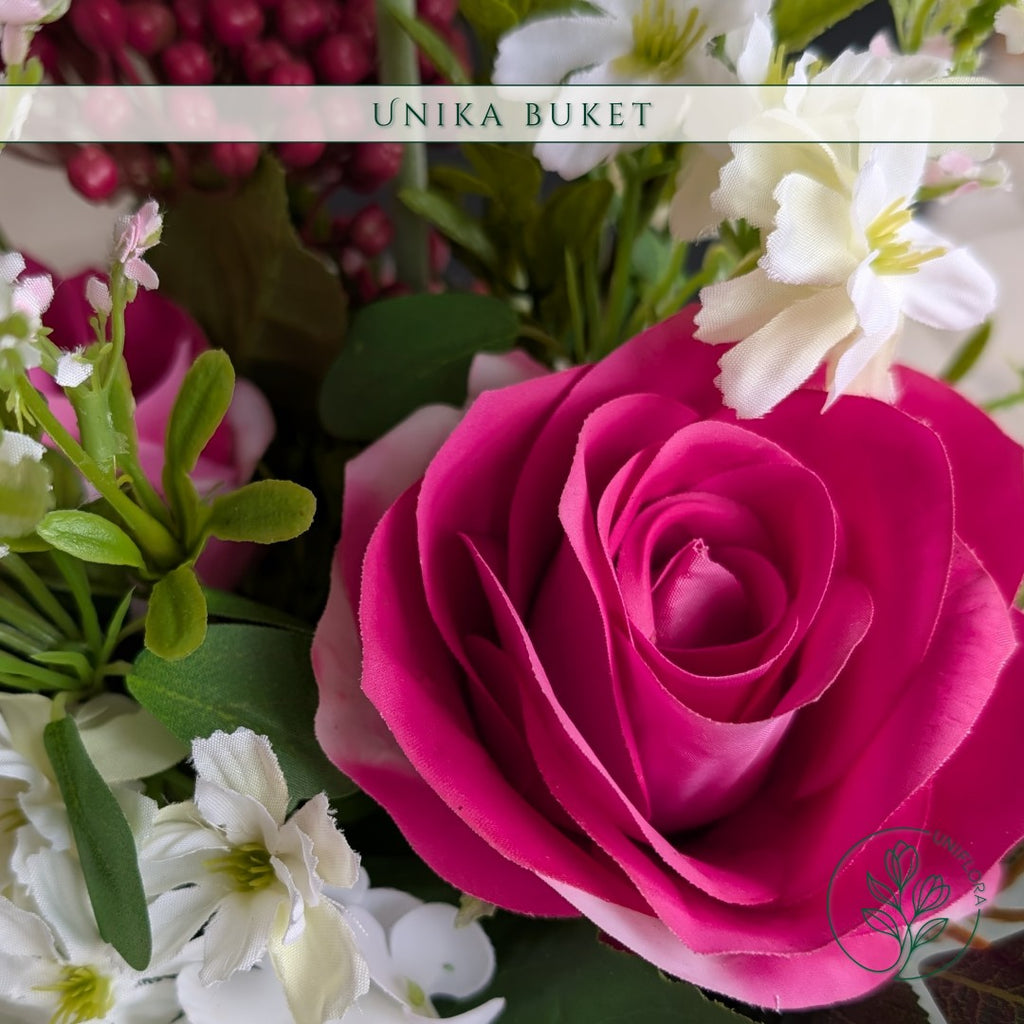 Evighedsbuket Unika 26.17: Sprudlende Harmoni med nuancer af pink, hvid, jadegron, groen, pink-1, mork-rod - Uniflora