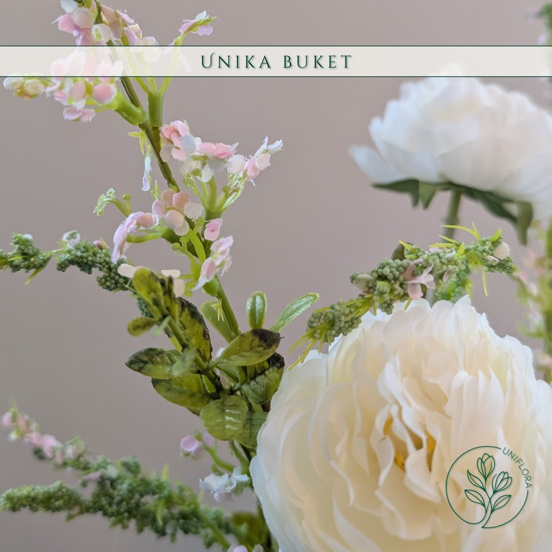 Evighedsbuket Unika 26.17: Sprudlende Harmoni med nuancer af pink, hvid, jadegron, groen, pink-1, mork-rod - Uniflora