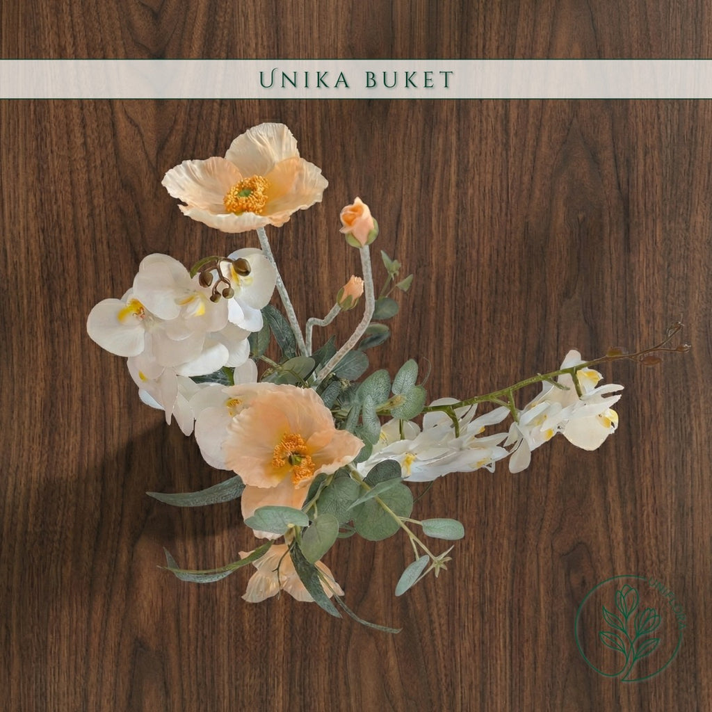 Evighedsbuket Unika 26.18: Orkideens Drøm med nuancer af hvid, jadegron, groen, orange - Uniflora