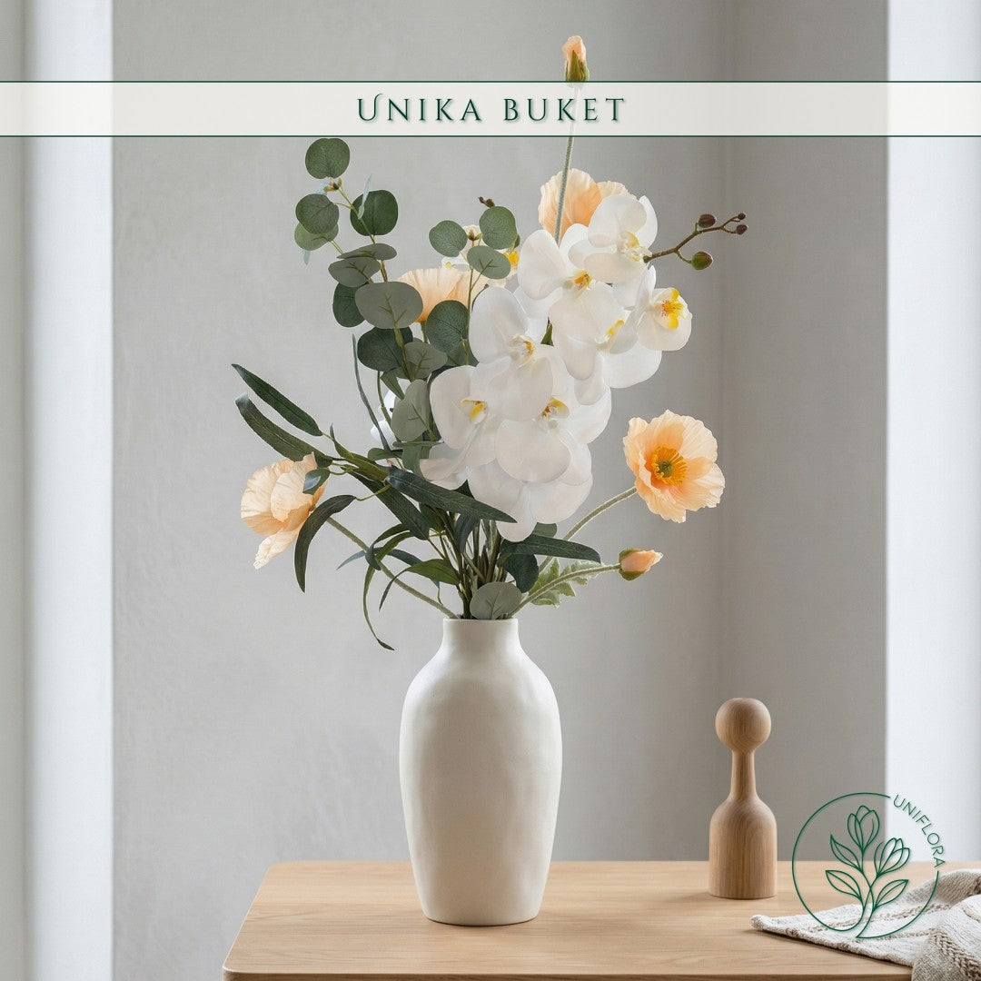 Evighedsbuket Unika 26.18: Orkideens Drøm med nuancer af hvid, jadegron, groen, orange - Uniflora