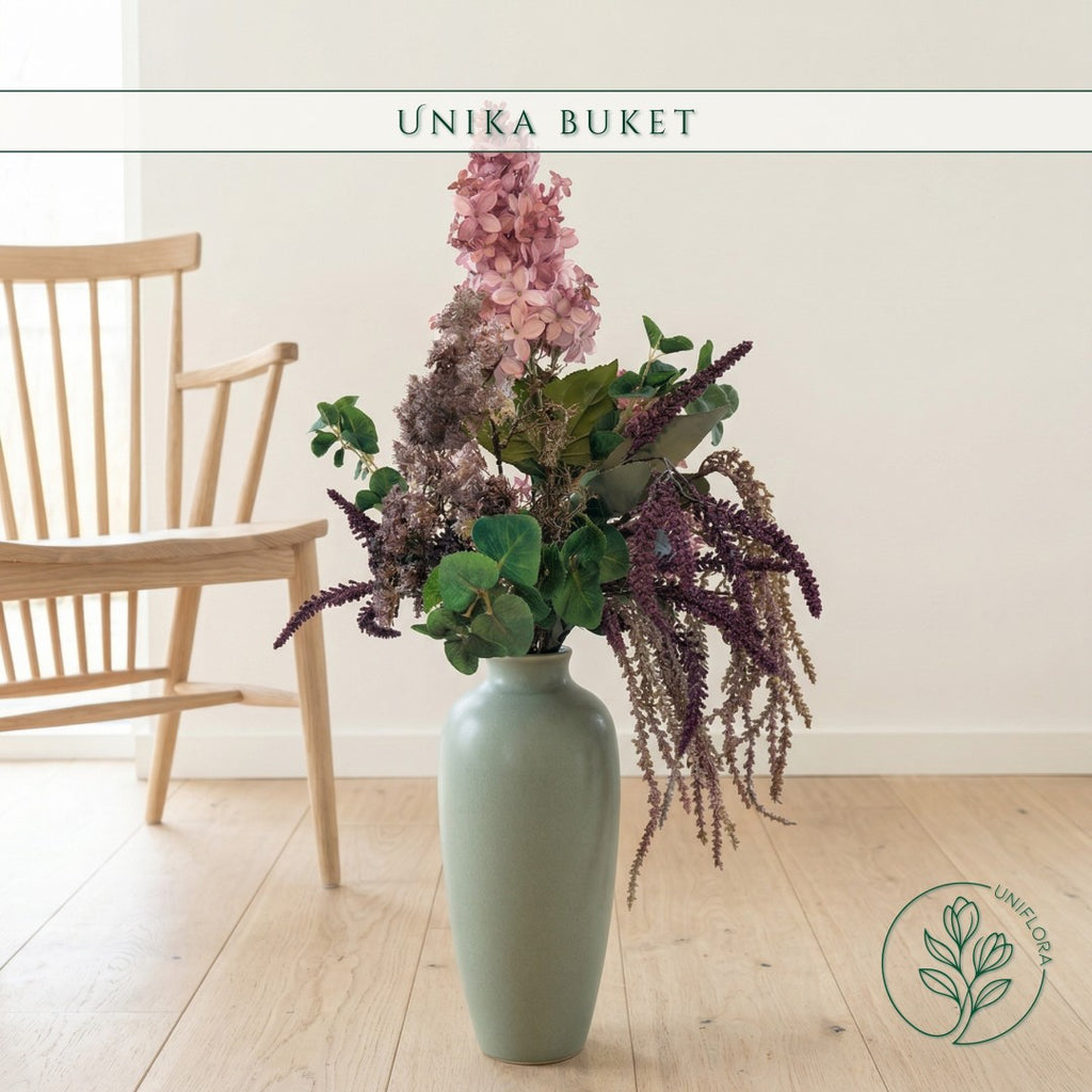 Evighedsbuket Unika 26.19: Dramatisk Lidenskab med nuancer af groen, jadegron, pink, lilla-1, violet, koralrod - Uniflora