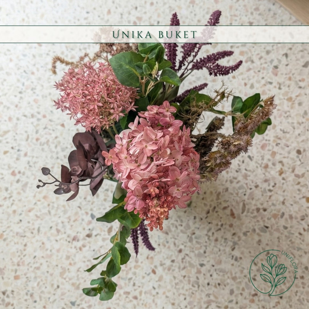 Evighedsbuket Unika 26.19: Dramatisk Lidenskab med nuancer af groen, jadegron, pink, lilla-1, violet, koralrod - Uniflora