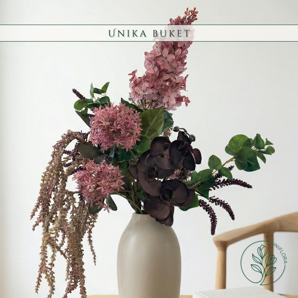 Evighedsbuket Unika 26.19: Dramatisk Lidenskab med nuancer af groen, jadegron, pink, lilla-1, violet, koralrod - Uniflora