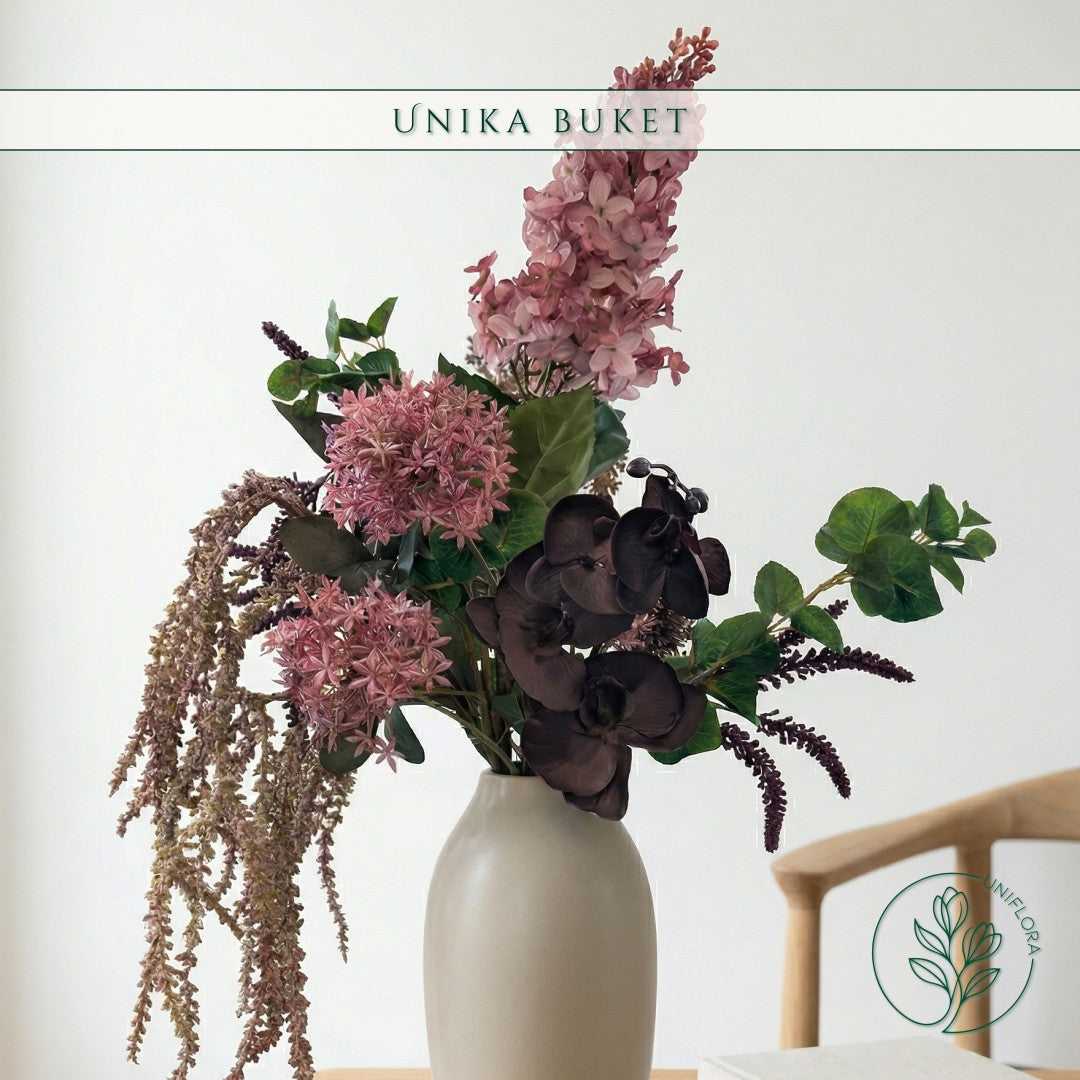 Evighedsbuket Unika 26.19: Dramatisk Lidenskab med nuancer af groen, jadegron, pink, lilla-1, violet, koralrod - Uniflora