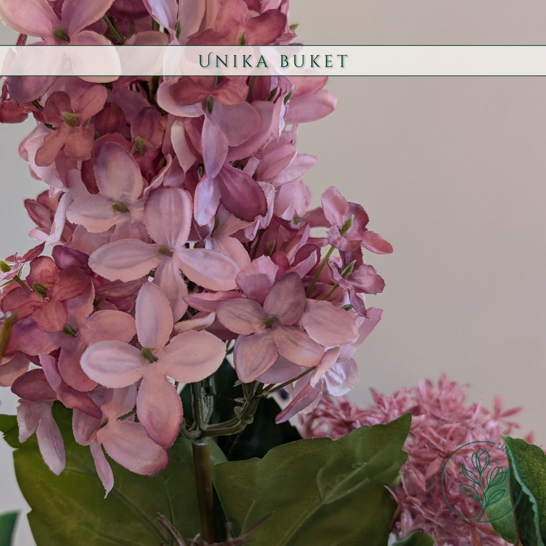 Evighedsbuket Unika 26.19: Dramatisk Lidenskab med nuancer af groen, jadegron, pink, lilla-1, violet, koralrod - Uniflora