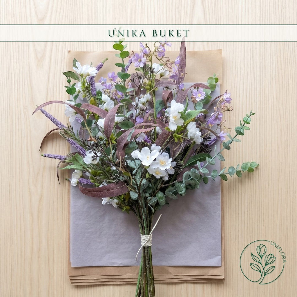 Uniflora buket Sensommerens Eng med vilde hvide og lilla blomster samt mørke bordeaux eukalyptusblade på lyst træ.