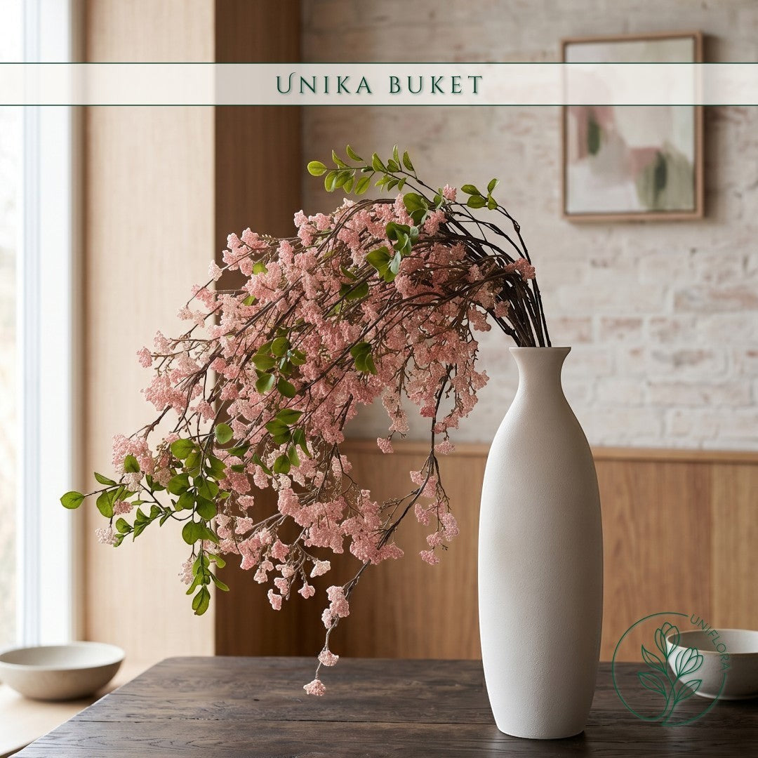 Uniflora Unika 26.60 buket med overhængende grene, lyserøde kirsebærblomster og grønne blade i en hvid vase.