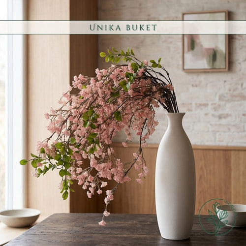 Uniflora Unika 26.60 buket med overhængende grene, lyserøde kirsebærblomster og grønne blade i en hvid vase.